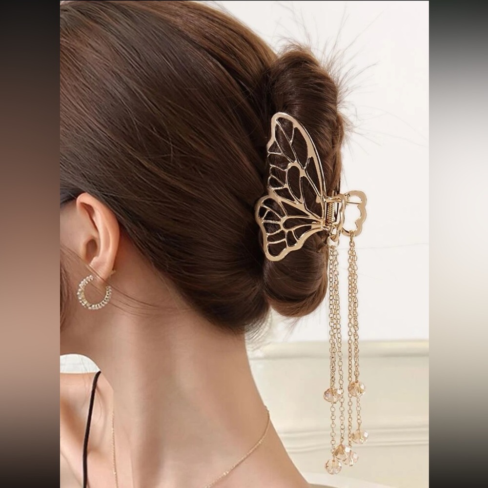 Gold Tone Chain & Bead Charm Butterfly Design Hair Claw